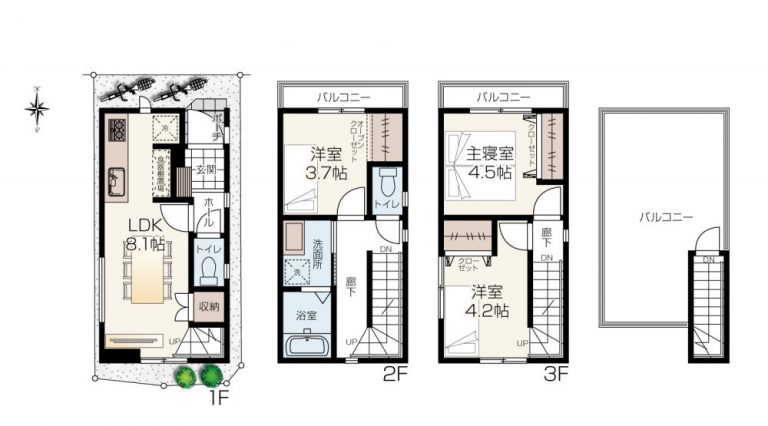 広々としたバルコニー付き3LDK 3階建て狭小住宅間取りプラン